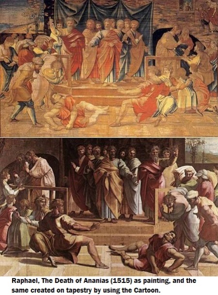 Raphael, The Death of Ananias (1515) as painting, and the same created on tapestry by using the Cartoon.