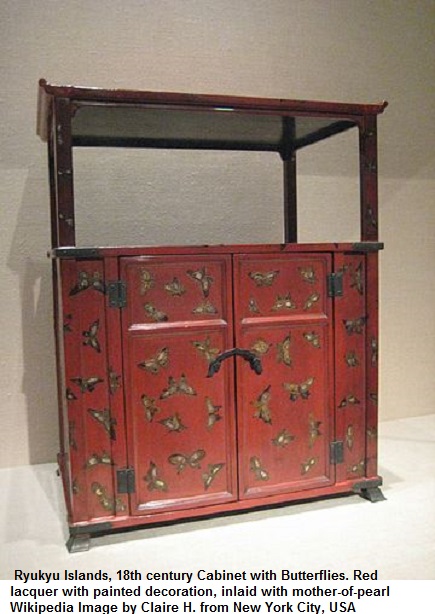 5 Red Lacquer Cabinet with Butterflies
